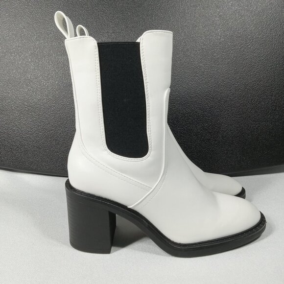 DREAM PAIRS Chelsea Mid-calf White and Black Chunky Heel Boot Women's Size 7.5 - Picture 1 of 9
